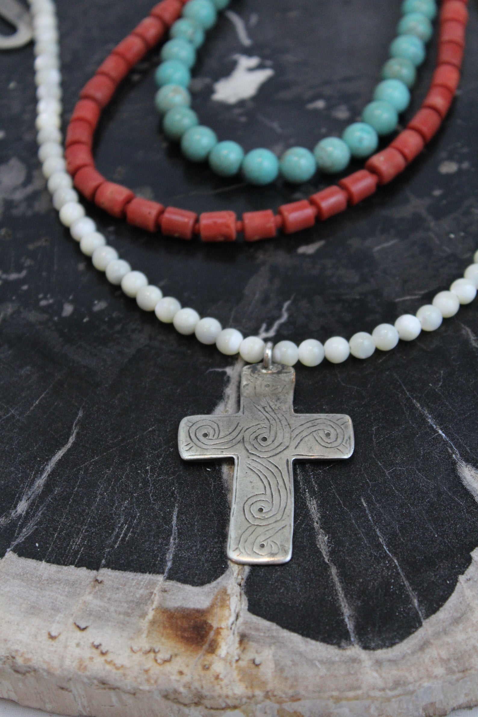 Turquoise, Coral, Mother of Pearl with Handmade Silver Cross Necklace -  Fatto a Mano Antiques